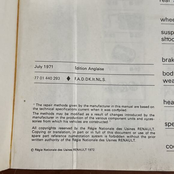 Renault 15 & 17 Factory Service Manual M.R 156 English Text 1st Edition 1971 - Picture 7 of 8